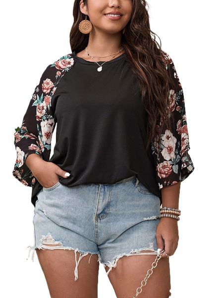 

plus floral print raglan sleeve s76k#, Black