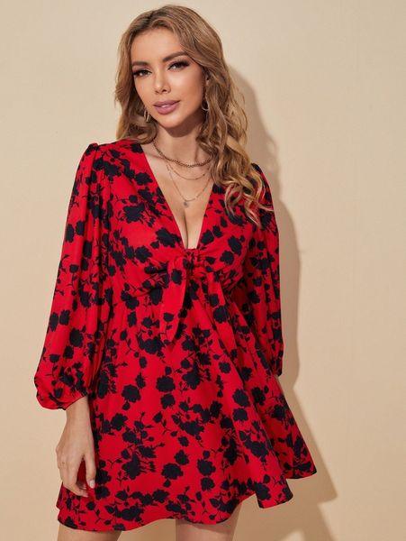 

tie front bishop sleeve allover floral dress u1tp#, Black;gray