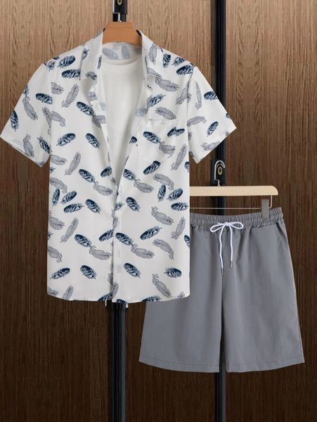 

men feather print shirt & drawstring waist shorts without tee z7li#, Gray