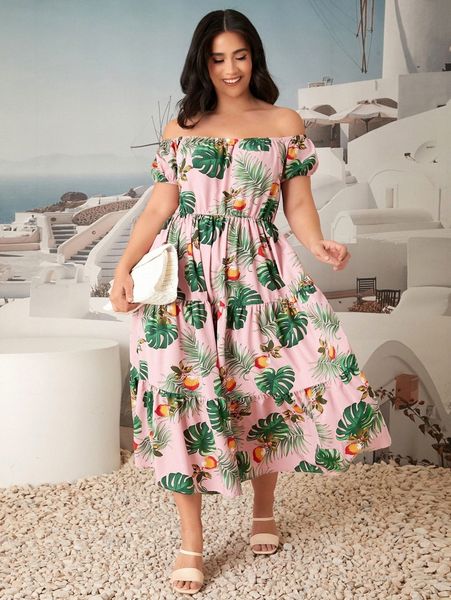 

plus tropical print off shoulder puff sleeve ruffle hem dress u1ma#, Black