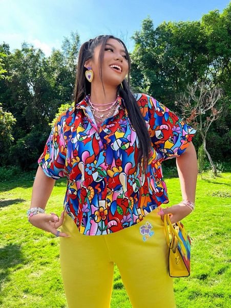 

plus floral & figure graphic batwing sleeve blouse p5qc#, Black