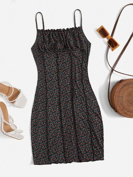 

ditsy floral print lettuce trim bodycon dress e4lr#, Black;gray