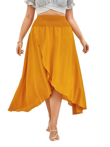 

sxy plus shirred waist asymmetrical wrap hem skirt j6jf#, Black