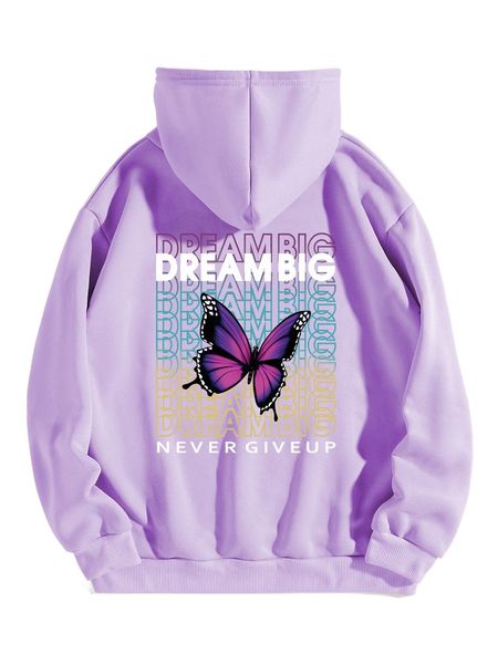 

slogan & butterfly print kangaroo pocket drawstring thermal hoodie 949s#, Black