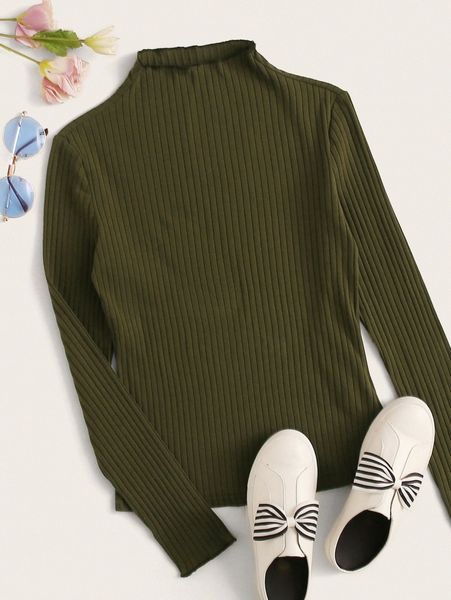 

mock-neck lettuce trim rib-knit k4nb#, White