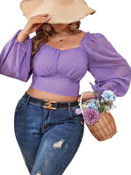 

plus swiss dot lantern sleeve shirred crop blouse 1564#, Black