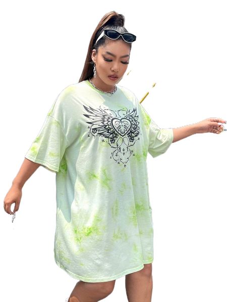 

plus heart & floral print drop shoulder tie dye dress f4u3#, Black