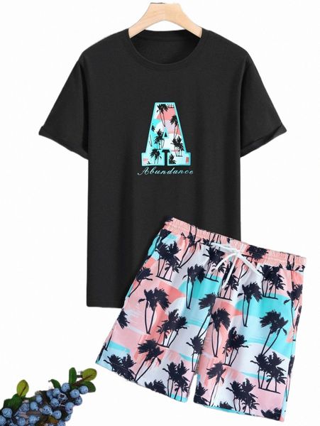 

men palm tree & letter graphic tee & shorts e2ag#, Gray