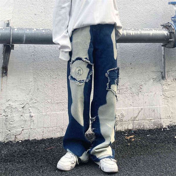 

blue baggy jeans men fashion casual ripped patch jeans men streetwear loose hip hop wide leg jeans mens straight denim pants men t220726