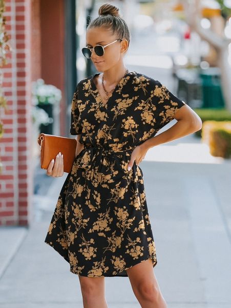 

floral print batwing sleeve belted dress i5p3#, Black;gray