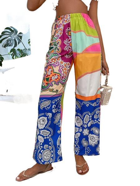 

high waist floral & paisley print straight leg pants r8ec#, Black;white