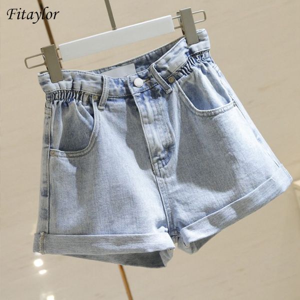 

fi summer women streetwear wide leg blue denim shorts casual female elastic wasit loose solid color jeans shorts y200822, White;black