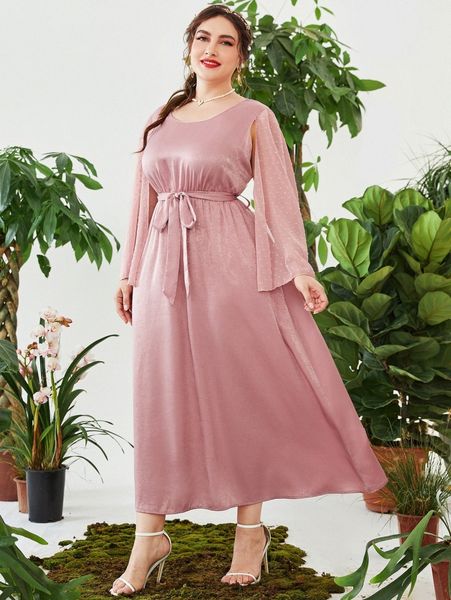 

plus swiss dot slit sleeve belted dress y4an#, Black