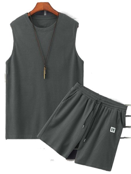 

men solid tank & letter patched shorts m4x8#, Gray