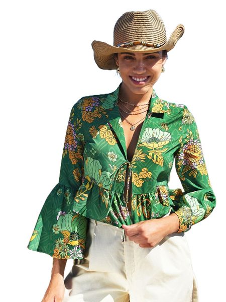 

floral print knot front peplum blouse 83gf#, White