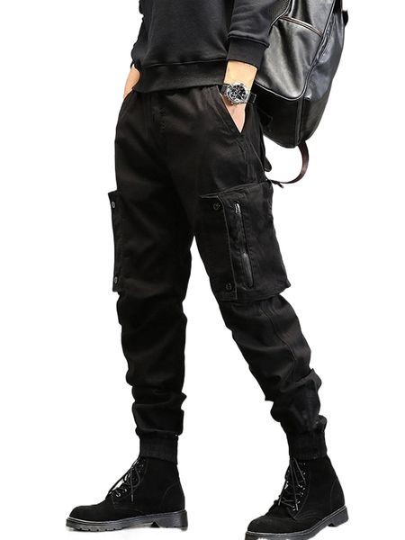 

men zip pocket cargo pants c1is#, Black