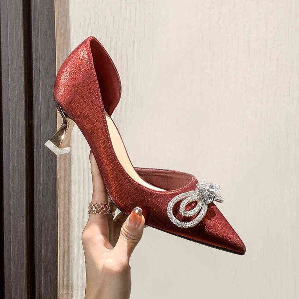 

spring 2022 small red high 's thin bow side hollow pointed middle heel shoes, Black