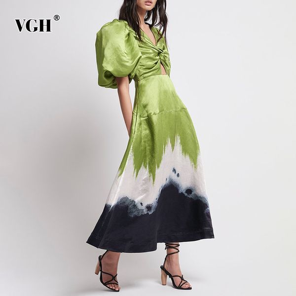 

hit color elegant dress for women v neck puff short sleeve high waist hollow out vintage dresses female summer clothing 210507, Black;gray