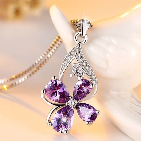 

fashion platinum plated clover flower penant necklace with full amethyst & zircon stones for women ladies, Silver