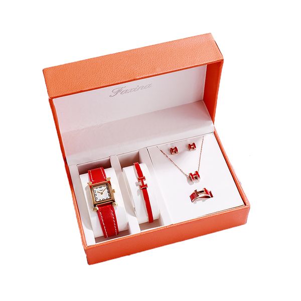 

wristwatches stylish h square watches jewelry set ladies luxury quartz wrist for women bracelet necklace earring ring wristwatch, Slivery;brown