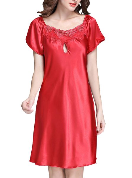 

women nightwear sleepwear imitated silk short sleeve negligee nightdress summer cut out embroidery tunic elegant plus size underwear sleepsh, Black;red