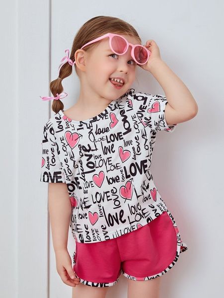 

toddler girls letter and heart print tee & track shorts she, White