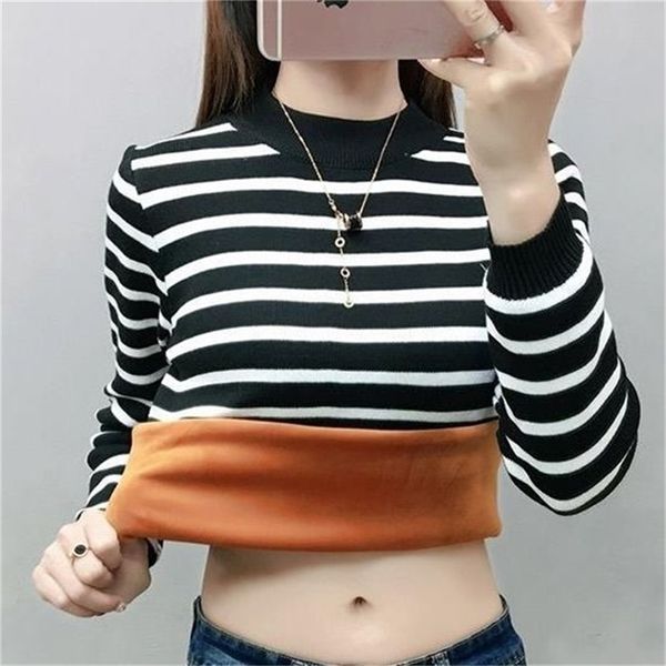 

velvet warm plus size thick autumn and winter striped long sleeve half-height collar bottoming shirt halloween sweater women 201224, White;black