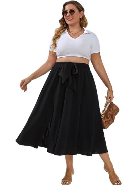 

plus split thigh knot front skirt g4am#, Black