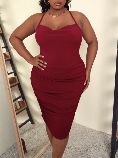 

plus draped collar crisscross back ruched cami dress i0hf#, Black