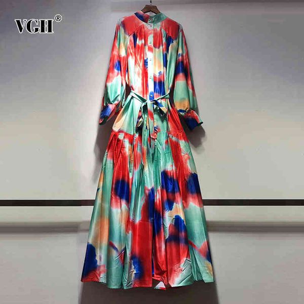 

vintage print dress for women stand collar long sleeve high waist lace up bowknot hit color dresses female fashion 210507, Black;gray