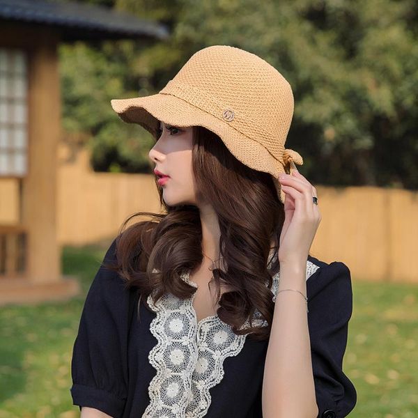 Cappelli larghi brim traspirabili piccoli cappelli freschi freschi femminile estate a crema solare in lino in lino cavo caotto bacino letterario pieghevole coreano a maglia in tutto il mondo