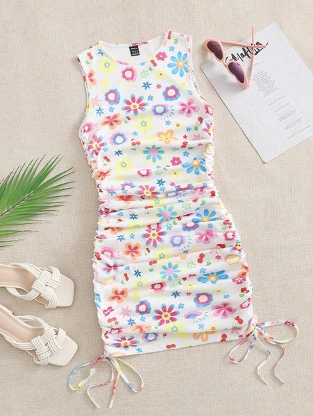 

floral print ruched drawstring bodycon dress s6zl#, Black;gray