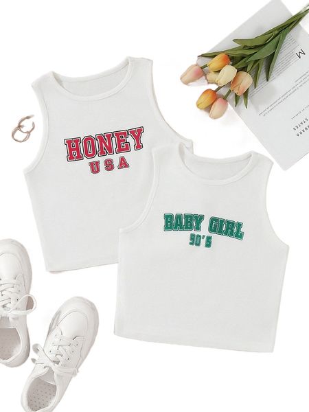 

2pcs letter graphic tank l6zn#, White