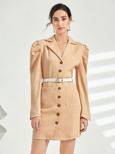 

lapel collar puff sleeve button front blazer dress without belt s4tz#, White