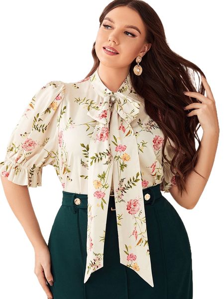 

plus floral print puff sleeve knot neck blouse s2n2#, Black