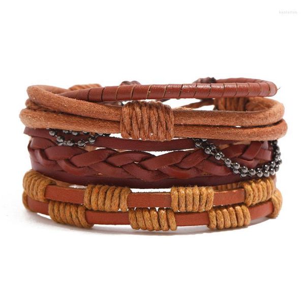 Bracciale in pelle fatto a mano antico punk con fili di perline Set bracciale in legno multistrato per uomo Bracciale gotico avvolgente gioielli Homme Kent22