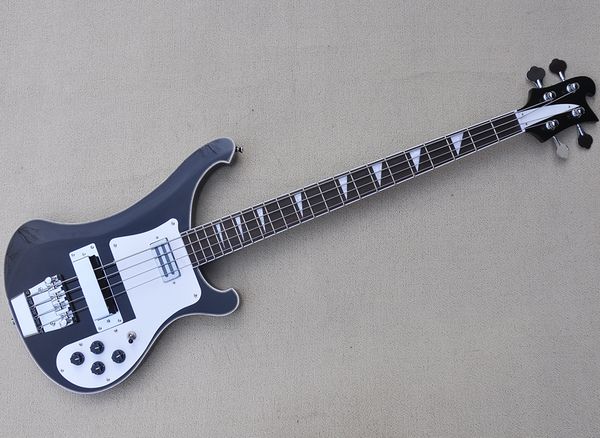 

4 strings black electric bass guitar with wood grain binding rosewood fretboard