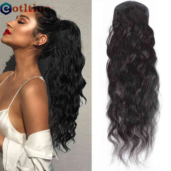 

eotltiue long wavy ponytail human hair peruvian remy clip ins body wave drawstring for women 220608, Black;brown