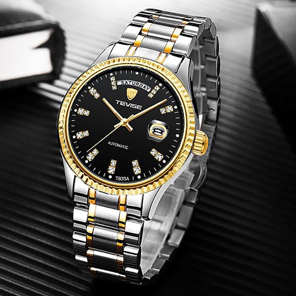 

tevise men luxury golden automatic mechanical watch men stainless steel date business wristwatch relogio masculino, Slivery;brown