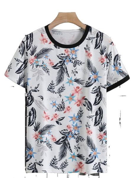 

men tropical print contrast trim tee d6hk#, White;black