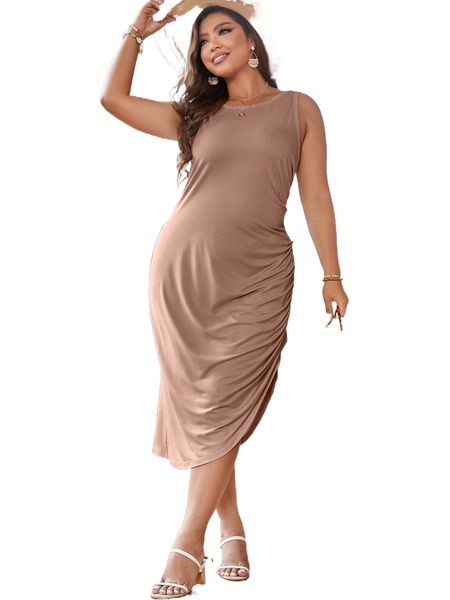 

plus ruched drawstring side asymmetrical hem tank dress i2av#, Black