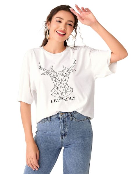 

animal & letter graphic drop shoulder tee x2fm#, White