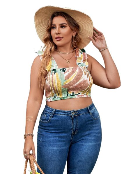 

plus shirred ruffle trim crop j2vt#, Black