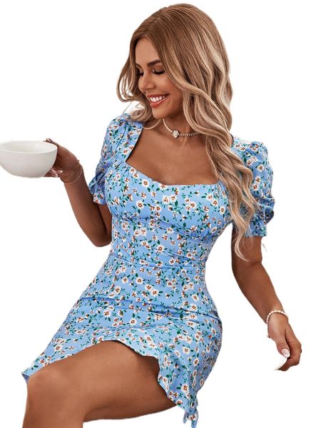 

ditsy floral cut out tie back puff sleeve ruffle hem dress x0gm#, Black;gray