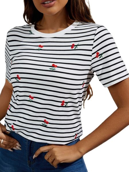 

striped print cherry embroidery ringer tee p7i2#, White