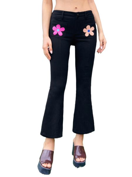 

floral pattern dual pocket flare leg pants t0mg#, Black;white