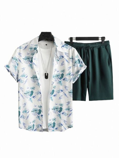 

men tropical print shirt & drawstring waist shorts without tee d1bu#, Gray