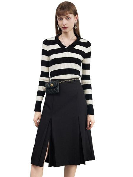 

high waist fold pleated slit skirt without belt bag 76yp#, Black