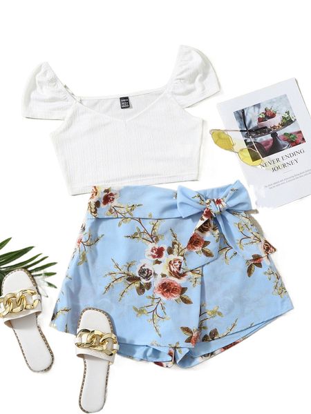 

rib-knit cap sleeve & floral print belted skort set e9l3#, White