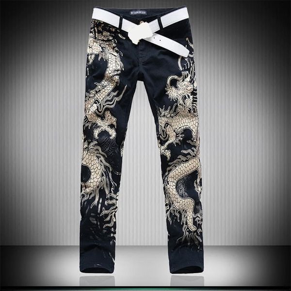 

3d wolf dragon leapord printed skinny black punk rock jeans for men mens stretch denim pants trousers 201111274b, Blue